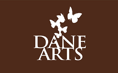 Reversed, stacked, one color Dane Arts logo
