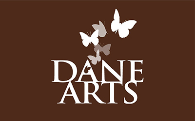 Reverse, one color, stacked Dane Arts logo
