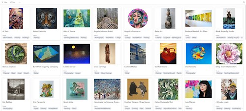 Webpage gallery displaying thumbnail images, names, and media types of diverse Dane County artists, featuring a wide range of styles and materials including painting, sculpture, photography, mixed media, and digital art.