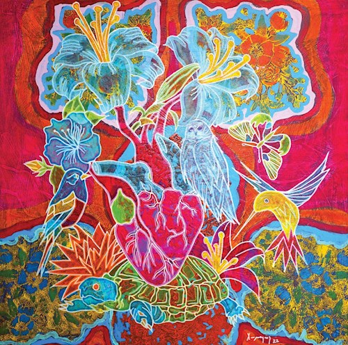 Colorful painting primarily reds and blues depicting different types of birds including an owl and hummingbird. At the center of the image is a human heart resting on a turtle. The animals are surrounded by lilies and different floral patterns.