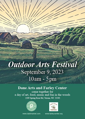 Woodblock print of a sun rising over a barn and green rolling hills. Overlaid text reads Outdoor Arts Festival, September 9, 2023