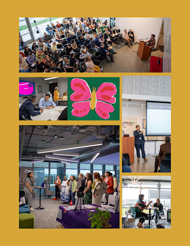 Collage of photos from the 2026 Business of Art conference. Images show a large audience listening to a speaker at a podium, small-group discussion at tables, a pink butterfly artwork, a presenter speaking beside a projected slide, a group gathered in a meeting space, and two people talking by a window. The collage is arranged on a mustard-yellow background.