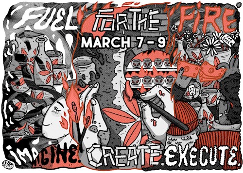 A cartoon style black, white and red image of a person imagining, creating, and selling ceramic goods
