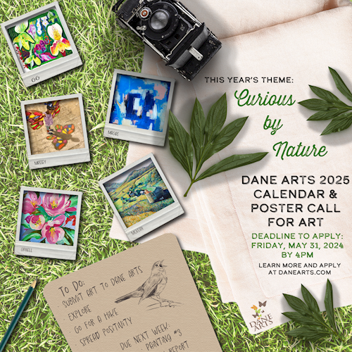 Polaroids featuring different styles of artwork scattered across a background of green grass. There is a camera at the top of the scene with green leaves as well. Text reads "This Year's Theme: Curious by Nature"