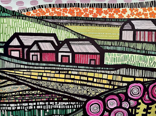 A painting of four red barns sitting among rolling hills of green and yellow with bright pink flowers in the lower right corner of the composition