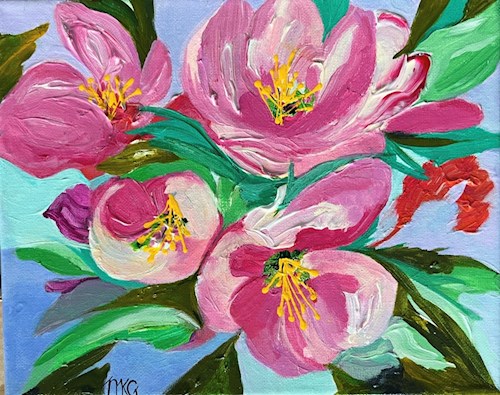 Painting of four pink cherry blossoms with expressionistic green leaves in the background. Visible brush strokes give texture to the flower petals and leaves. 