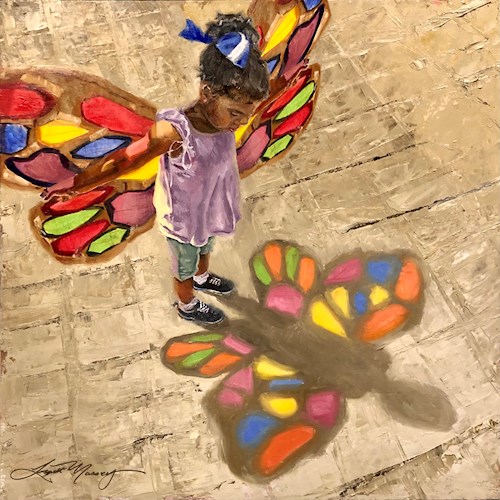A painting of a young girl wearing a blue ribbon in her hair, a light purple dress, grey pants, and black sneakers, and multicolored butterfly wings. She stands in front of her shadow reflected on the ground in which she also has multicolored butterfly wings.