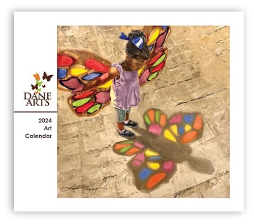 A painting of a young girl wearing a blue ribbon in her hair, a light purple dress, grey pants, and black sneakers, and multicolored butterfly wings. She stands in front of her shadow reflected on the ground in which she also has multicolored butterfly wings.