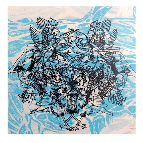 A composition of overlapping transparent black line-drawn birds in various poses against a textured white and blue background. 