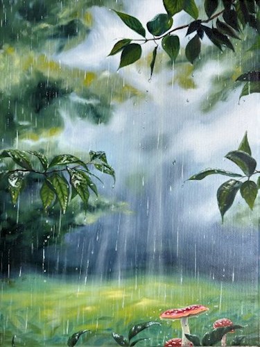 A rainy forest scene with heavy streaks of rain and misty trees in the background. Green leaves with water droplets appear in the foreground, along with red and white mushrooms on the ground.