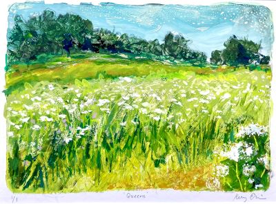 A lush green field with white wildflowers in the foreground, rolling grassy hills and scattered trees in the middle ground, and a dense tree line under a bright blue sky with wispy clouds. 'Queens' is handwritten at the bottom, with the artist's signature in the corner.
