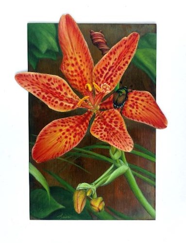 A vibrant orange lily with red speckles on its petals, featuring a green and black beetle perched on one petal. Green leaves and stems appear in the background, with a wooden texture behind.