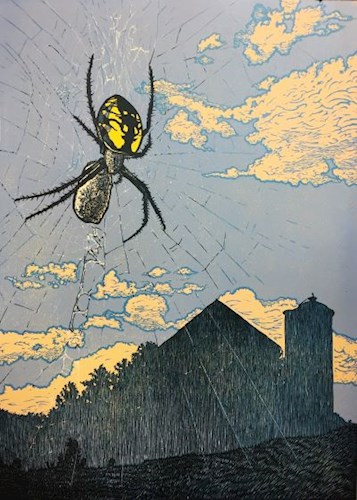 A large yellow-and-black patterned spider on a web in the foreground. Behind it, a rural landscape features silhouettes of a barn, silo, trees, and a field under a sky with light blue tones and yellow-tinged clouds.