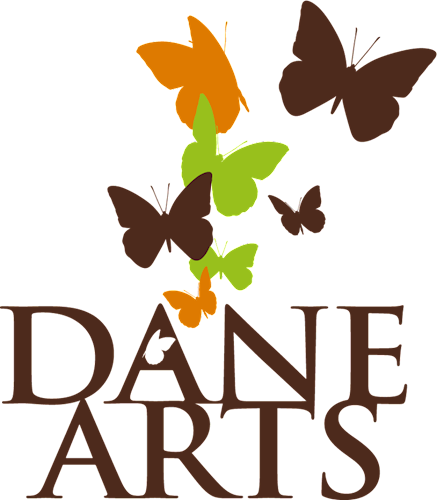 The Dane Arts logo with the words "DANE ARTS" in dark brown capital letters, and brown, green, and orange butterflies emerging from the letter A in Dane